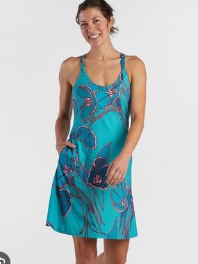 NWT Title Nine Yes Dress Tulip Bloom Teal w/Pink Branch Print, Pockets. Sz Large